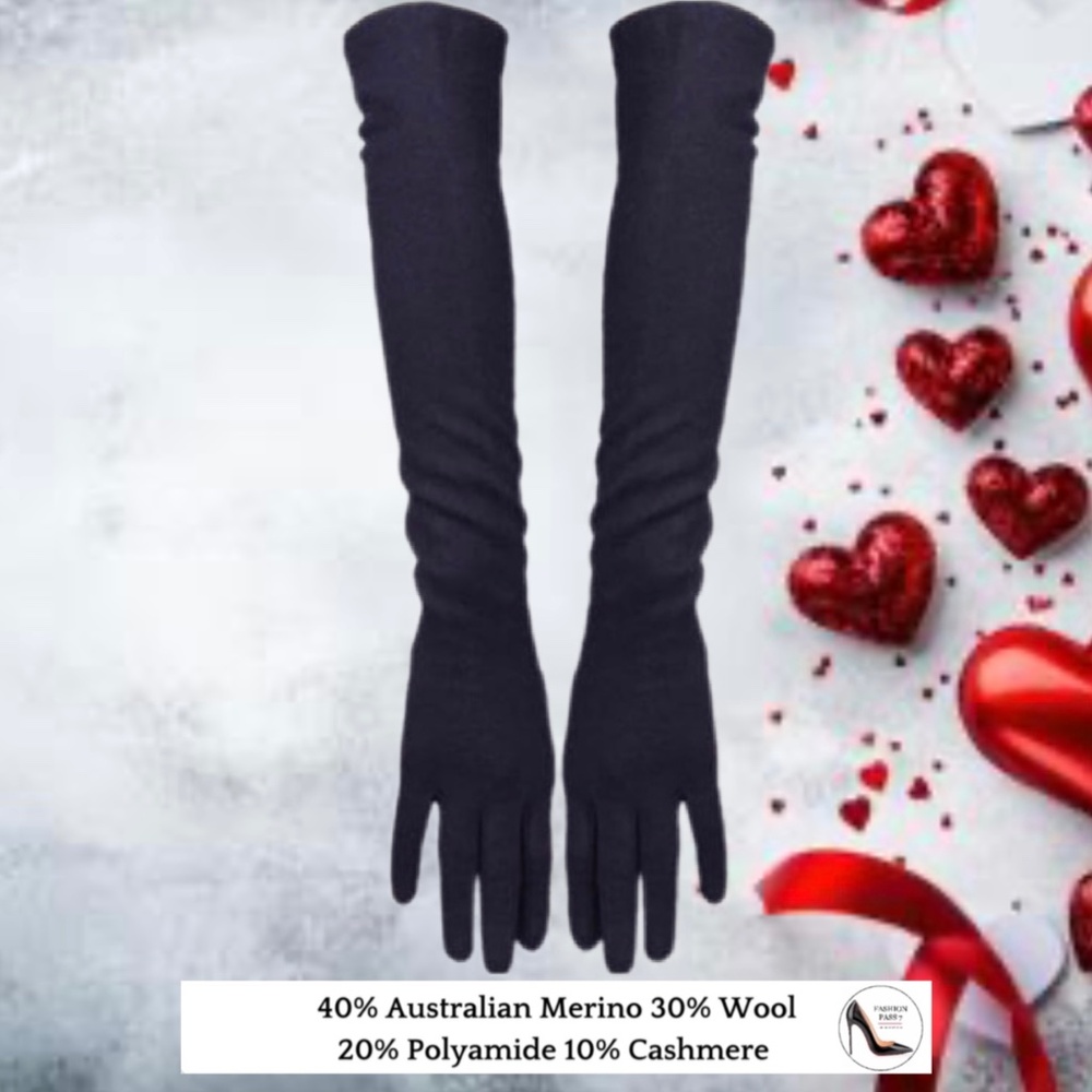 Black Long Cashmere Merino Wool Gloves Luxury Elbow Length Cashmere Gloves Gift